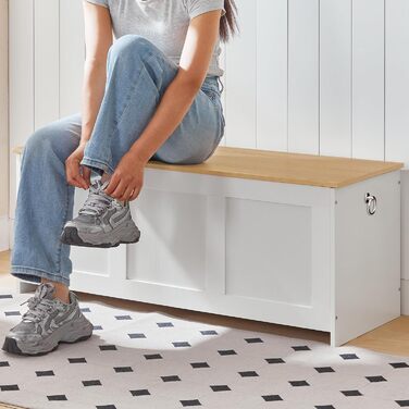 HOOBRO Лавка з ящиком для іграшок, 100 см, білий та натуральне дерево, з безпечним шарніром, для дому