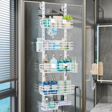 Настінна поличка для душу HapiRm з 22 гачками та 2 тримачами для зубних щіток, 5 ярусів (білий)