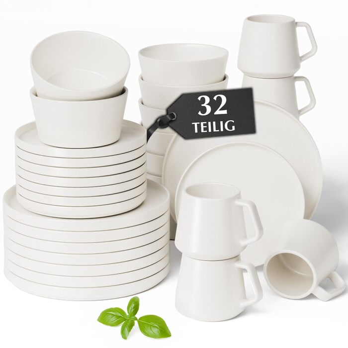 Набір посуду Miamio на 8 осіб (24 шт.) з каменю, сучасний сервіз – підходить для миття в посудомийній машині та використання в мікрохвильовій печі – розкішна колекція (білий)