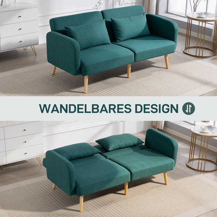 Диван-ліжко HOMCOM, 3-місний диван з функцією ліжка, 2 подушки, м'який диван з регульованою спинкою, з текстурою льону, зелений