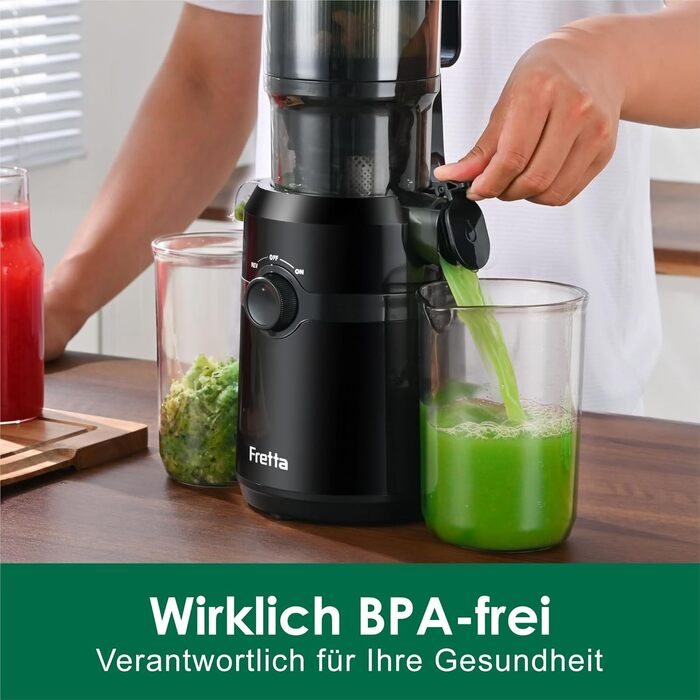 Фреш-прес Fretta Slow Juicer: повільний відцентровий соковичавник, 200W, великий завантажувальний отвір 108 мм, BPA-free Tritan, легке очищення (чорний)