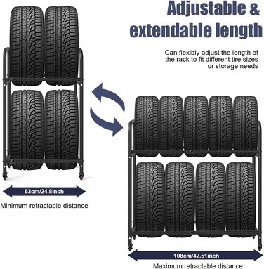 Стійка для шин BAOYOUNI на 4 шини/диски, 2 яруси, регульована, на колесах, для гаража, складу, майстерні, 57,2 x 37,3 x 114,6 см
