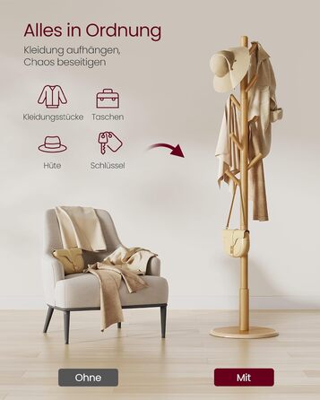 Стійка для одягу VASAGLE, дерев'яна, для вішалок та аксесуарів, 8 гачків, для прихожей, RCR010B01 (натуральний беж)