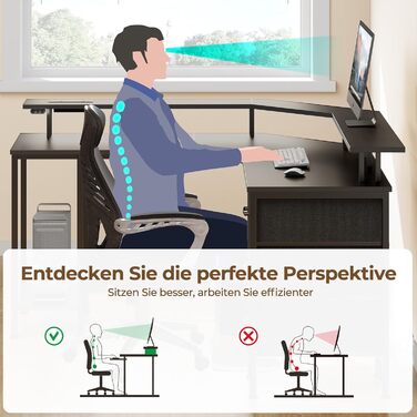 Ігровий кутовий стіл Seventable L-подібний з LED підсвіткою та розетками, 3 ящики, чорний 135x135x88 см