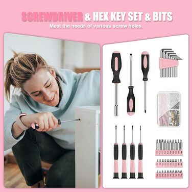 Набір інструментів Sundpey 206 предметів з акумуляторною викруткою 12V, рожевий – для дому та ремонту