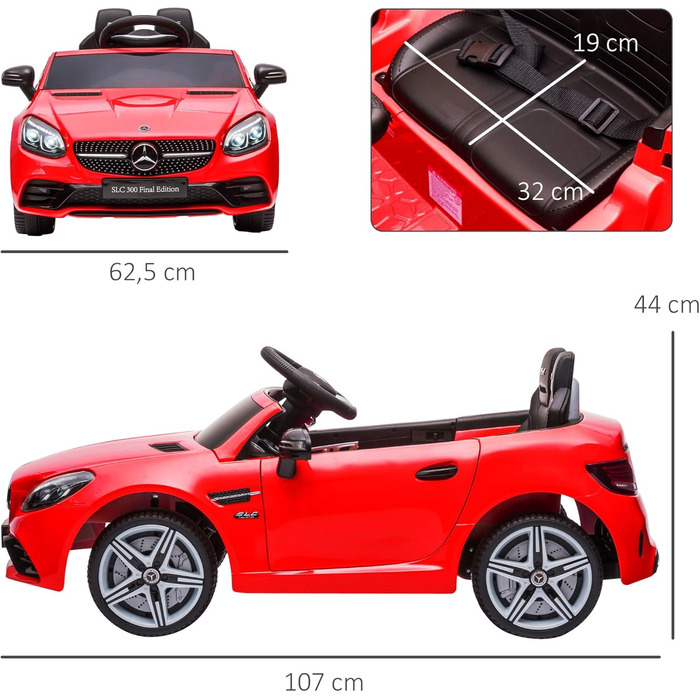 Дитячий електромобіль Mercedes SLC 300 12V з пультом, LED-фарами, ременем безпеки та музикою, червоний, для дітей від 3 років