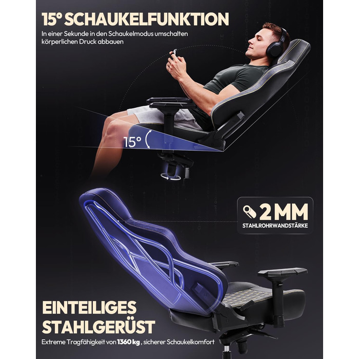 Ігровий крісло Dowinx 200 кг, ергономічний офісний крісло з 4D підлокітниками та підтримкою попереку, регульована висота, чорний