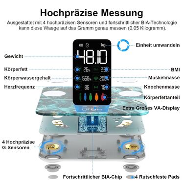 Ваги для ванної кімнати з шкалою жиру в організмі з додатком, 15 даних про тіло, переможець цифрового тесту, великий дисплей (мармурово-зелений)