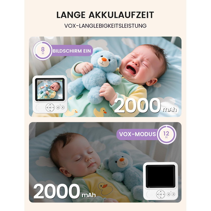 Радіоняня з камерою OBVHNUA 720P IPS: відеоняня без Wi-Fi, акумулятор 2000mAh, нічна зйомка, датчик температури, двосторонній зв'язок, колискові, режим VOX, екран 2.8