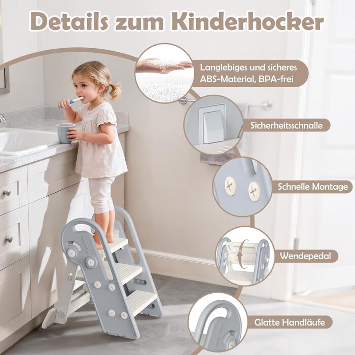 Дитячий підсвічник Onasti Tritthocker: регульована висота, 3 ступені, з ручками, складний, анти-кіп та анти-ковзний, для кухні, ванної кімнати, умивальника та туалету (сірий)