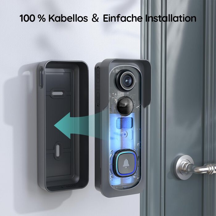 Відеодзвінок BOIFUN з камерою, 2K-HD, Wi-Fi, PIR-датчик руху, 2-сторонній аудіо, сумісний з Alexa, SD/Cloud-пам'ять, з дзвінком, чорний