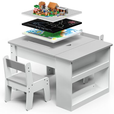 Дитячий столик з двома стільцями Kinderkraft, багатофункціональний: ігри, малювання, читання, 4 змінних панелей, регульований та безпечний, з місцем для зберігання, до 60 кг, від 3 років