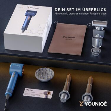 Мультифункціональний фен для волосся 5-в-1 з іонною технологією, набір насадок (локони, випрямлення, дифузор, концентратор), 1600W, LED-дисплей, 4 режими температури, магнітні насадки, Блакитний/Золотий