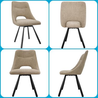 Обідні стільці поворотні 4 шт., 180° обертання, м'яка тканина кашмір-бавовна, чорні металеві ніжки, для кухні, вітальні, їдальні, хакі, 4 шт.