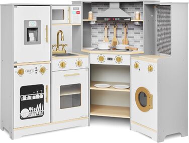 Дитяча дерев'яна кухня Mamabrum XXXL з LED-підсвічуванням та аксесуарами: мікрохвильова піч, посуд, столові прибори. Ігровий набір для дітей 3+
