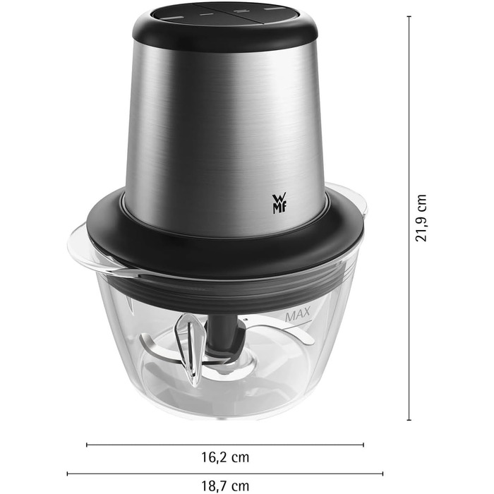 WMF Kult X Електричний подрібнювач міні-подрібнювач з скляною чашею та лезами з нержавіючої сталі, для овочів, трав та горіхів, 1л, довговічний, придатний для миття в посудомийній машині
