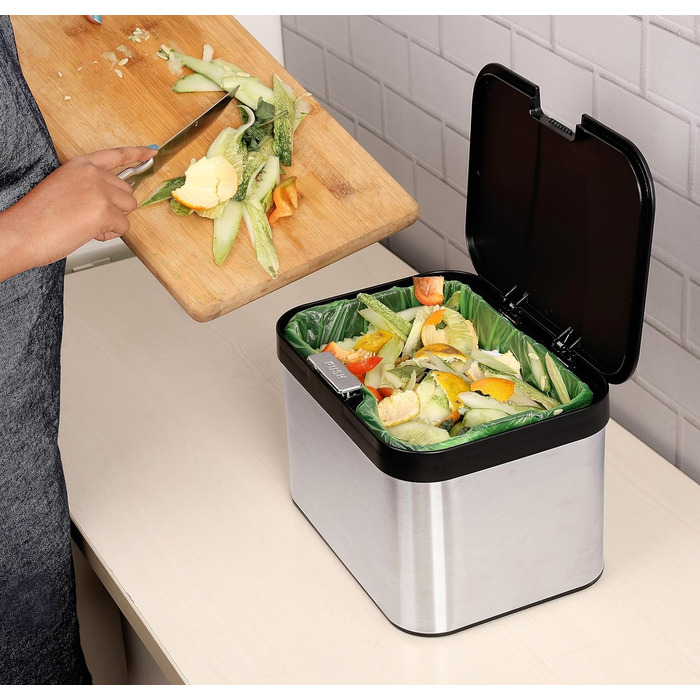 Контейнер для компосту Belle Vous Кухонний контейнер для органічних відходів у чорному/сріблястому кольорі - 4,3 л Контейнер для органічних відходів для кухні та кухонної стільниці - 25 x 17 см - Контейнер для компосту/органічних відходів із пластику та н