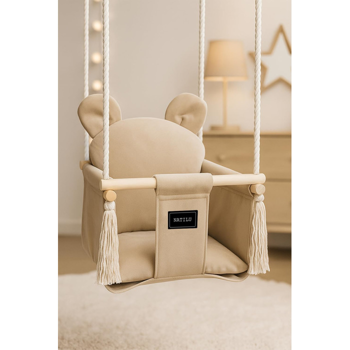 Дитяча гойдалка для дому та вулиці | Bär Light Beige Velvet | Гойдалка для малюків | Дерев'яна гойдалка для дітей | Гойдалка для дверного отвору