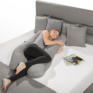 Подушка для вагітних Sleepling, подушка для сну на боці, body pillow U-подібної форми, мікрофібра (знімний чохол, прання до 60°C), Ökotex, Made in EU, 140 x 75 x 20 см, (замінний чохол, сірий)