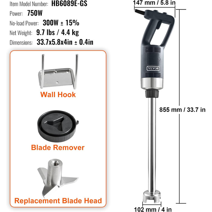 Блендер  VEVOR Електричний ручний блендер 500 Вт, високопродуктивний ручний блендер з регулюванням 4000-18000 об/хв, багатоцільовий ручний блендер з нержавіючої сталі 855 мм Знімний стрижень для перемішування, включаючи настінний гачок і запасну головку л