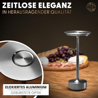 LED-лампа ELYSIA на акумуляторі: диммування, бездротове підключення, сенсорне керування, IP54, 2200-2700K, USB-C, для дому та саду, алюміній, срібло