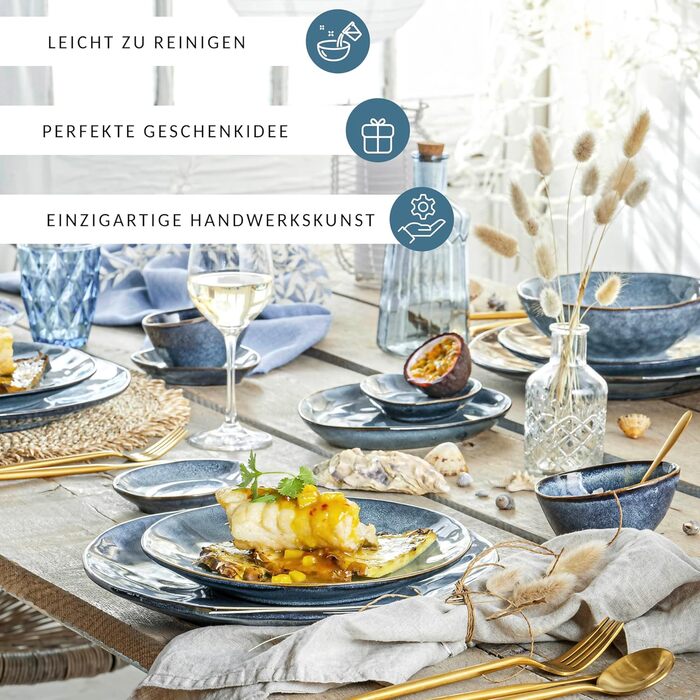 Набір посуду SÄNGER Darwin на 12 осіб, кераміка, блакитний: тарілки обідні, десертні, глибокі - Преміум колекція