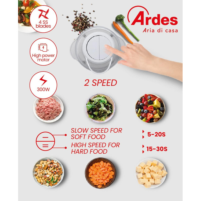 Електричний подрібнювач Ardes ARCHOP01 з 4 сталевими лезами, 300 Вт, 2 швидкості, скляна чаша