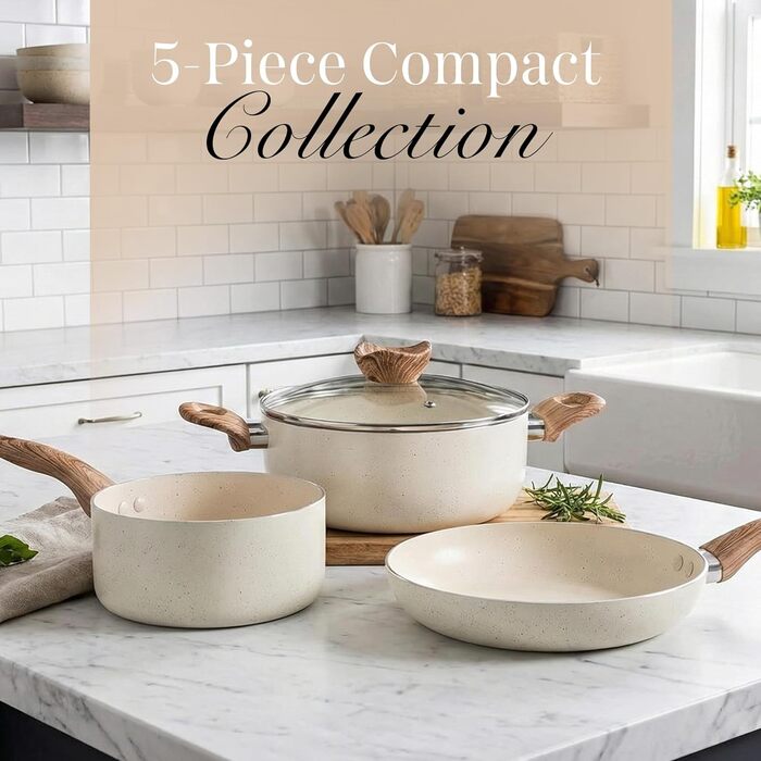 Набір каструль та сковорідок з антипригарним покриттям Nuovva - 8 шт. з кришками, кремовий граніт, для індукційних плит