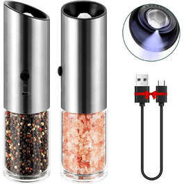 Набір з 2 електричних млинів для солі та перцю, USB, регульований, сріблястий, на батарейках, шейкер для спецій з підсвічуванням