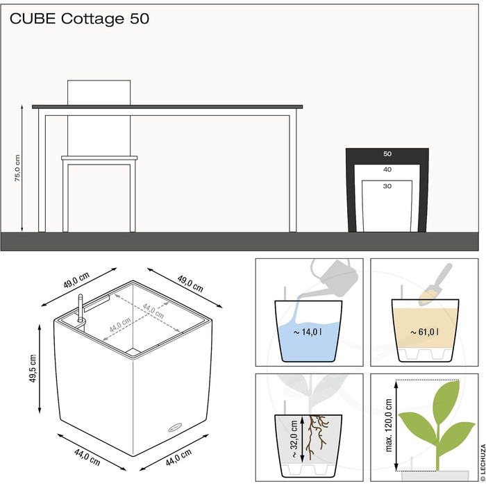 Вазон Lechuza Cube Cottage 30, 30x30x30 см, система автополиву, пісочно-коричневий