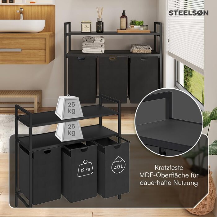 Сортувальник для білизни STEELSØN Rigil з 2 відділеннями, бамбукова полиця, 2 x 45 л, чорний, металевий, знімні мішки для білизни