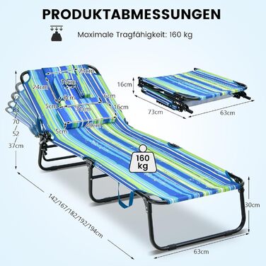 Лежак для відпочинку COSTWAY з отвором для обличчя, розкладний садовий лежак з 3 знімними подушками та 5-рівневим регулюванням спинки, лежак для пляжу, саду та басейну (Блакитно-зелений, 1 шт.)