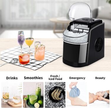 Льодогенератор Eiswürfelmaschine 12 кг/добу, швидке виробництво льоду (6 хв), тихий, з функцією самоочищення, чорний