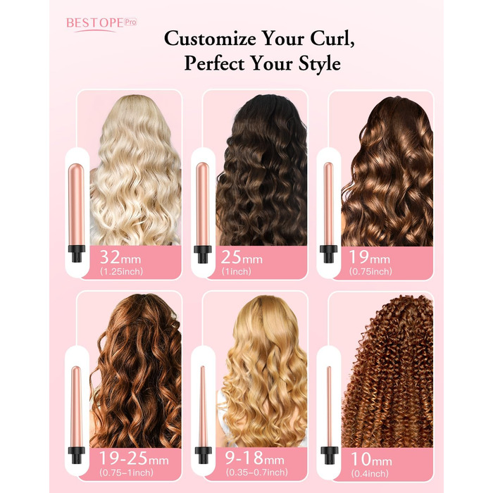 BESTOPE PRO Lockenstab 6-в-1: великі та малі локони, різні насадки, регулювання температури, рожеве золото