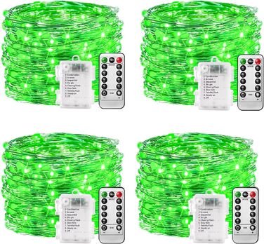 Гірлянда світлодіодна на батарейках, 100 LED, 10м, 8 режимів, пульт дистанційного керування, таймер, тепле біле світло, диммування, вологостійка, 4 зелені гірлянди