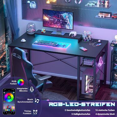 Ігровий стіл з LED підсвічуванням та розетками, стіл для комп'ютера з USB, стіл для ПК з підставкою для монітора, сучасний офісний/письмовий стіл для офісу та ігрової кімнати, чорний