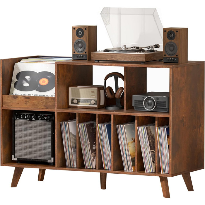 Стійка для платівок з полицями на 450 альбомів, коричнева. Підставка для вінілових платівок для музичної кімнати або вітальні