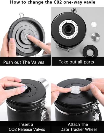 Герметична кавова банка з нержавіючої сталі, 1,8L, з датчиком дати, CO2-вентилем та мірною ложкою, для кави, чаю, горіхів, какао, чорна