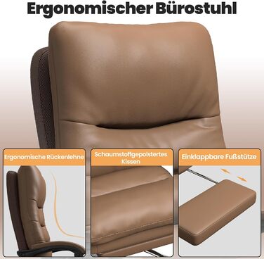 Ергономічне крісло для офісу Naspaluro з підніжкою, комп'ютерне крісло з подвійним шаром подушок, високою спинкою, функцією відкидання, регулюванням висоти, PU-шкіра, до 150 кг (колір: коричневий, штучна шкіра)