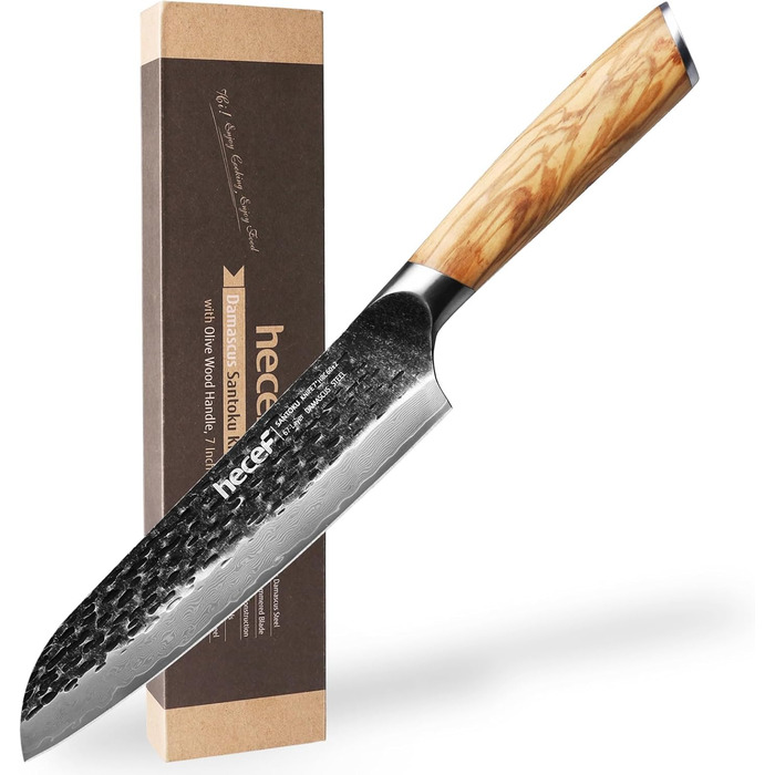 Ніж кухарський Damast 20см Hecef, професійний ніж шеф-кухаря, японський ніж з 67 шарів дамаст сталі та ручкою з оливкового дерева