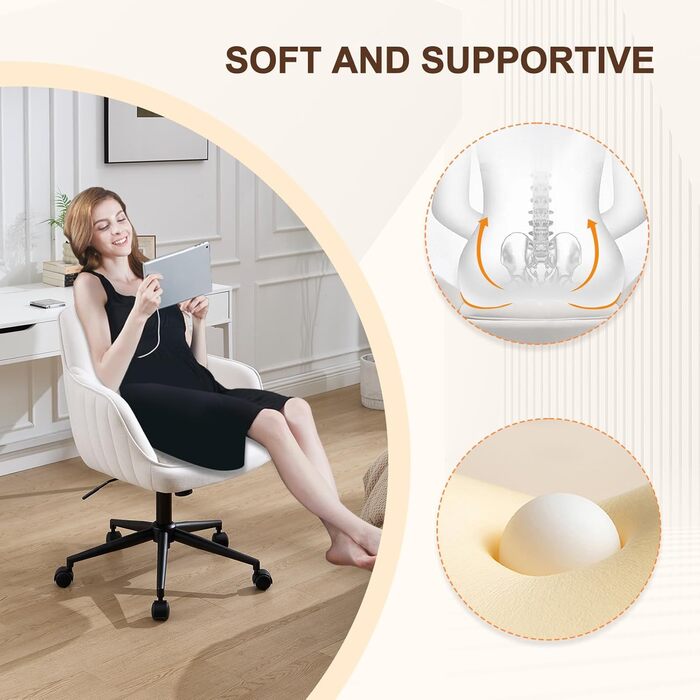 Офісне крісло BERYTH для дому та офісу, з велюру, до 136 кг, регульоване по висоті, поворотне на 360°, з м'якими роликами, для навчання, спальні, домашнього офісу, біле