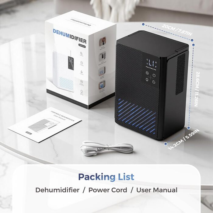 Електричний осушувач повітря, тихий, 2.5L з LED дисплеєм, автоматичне відтанення, проти вологи та плісняви, енергозберігаючий, чорний