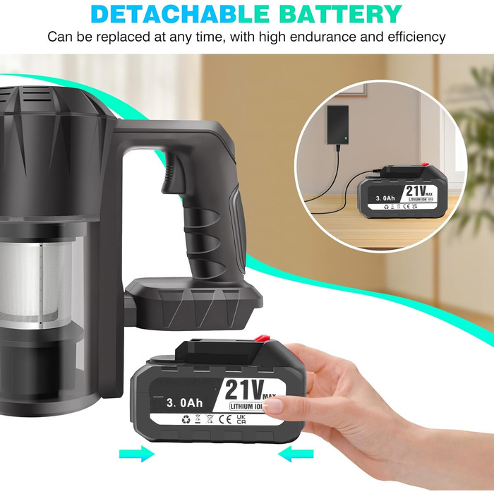Акумуляторний пилосос 10-15Kpa з 2 режимами, 2 x 3000mAh акумулятори, 140W, LED-щітка, 2-в-1, довга насадка, ручний пилосос з 2 акумуляторами