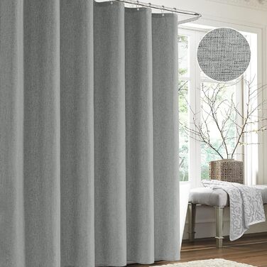 Шторка для душу з льону з металевими кільцями, сіра, 182 x 214 см - Текстильна шторка для ванни, вологостійка, важка