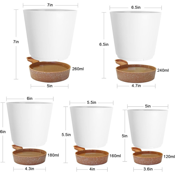 5 шт. пластикові горщики для квітів з системою поливу, 17.8/16.5/15.2/13.9/12.7 см. Самополивні кашпо з підставкою, круглі горщики для квітів, сукулентів, кактусів, кімнатних рослин, балкона та саду, зелені (білий, коричневий)