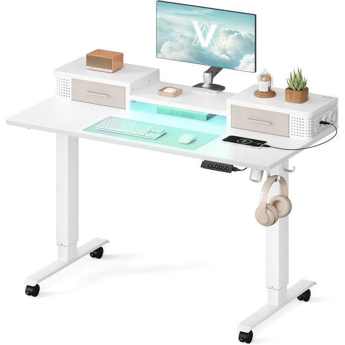 Електричний регульований стіл VASAGLE 120x60 см, білий, з підставкою для монітора, USB-роз'ємами, пам'яттю висоти