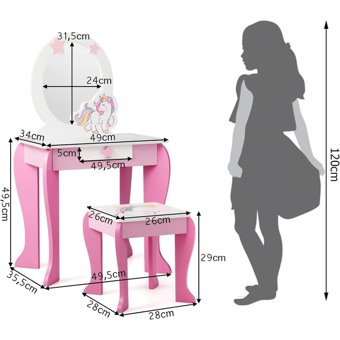 Дитячий туалетний столик з табуреткою COSTWAY, туалетний столик Princess з дзеркалом, рожевий, для дівчаток 3-7 років