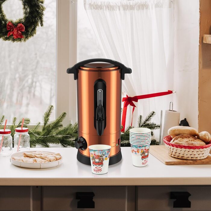 Глювайновий нагрівач 8л з 10 чашками | 1500W диспенсер гарячих напоїв з нержавіючої сталі з термостатом 30–110°C, функція підігріву та виливний кран | Глювайновий автомат для вечірок, мідно-кольоровий 8л