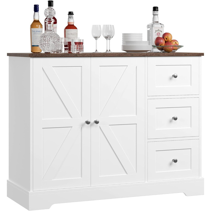 HOCSOK Комод-буфет з 3 шухлядами та 2 дверцятами, білий та коричневий, для кухні, вітальні, їдальні