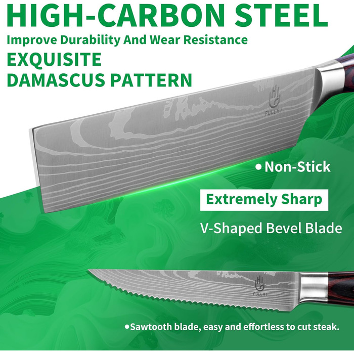 Набір кухонних ножів Fullhi 14 предметів з бруском для заточування: кухонні ножі, ножі для стейку, барвисті ручки. Ідеальний подарунок для чоловіків та жінок.